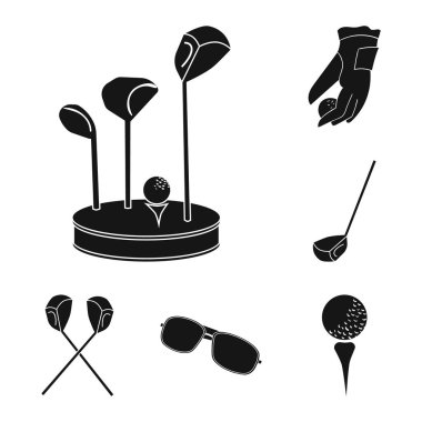 Set koleksiyonu tasarım için simgeler siyah Golf ve öznitelikleri. Golf Kulübü ve ekipman sembol stok web illüstrasyon vektör.