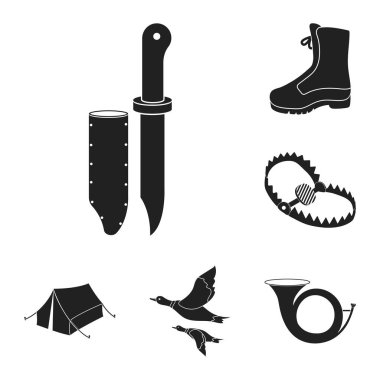 Avcılık ve kupa set koleksiyonu tasarım için simgeler siyah. Avcılık ve ekipman sembol stok web illüstrasyon vektör.