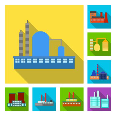 Fabrika ve tesisleri set koleksiyonu tasarım için simgeleri düz. Sembol stok web illüstrasyon vektör fabrikası ve donanımları.