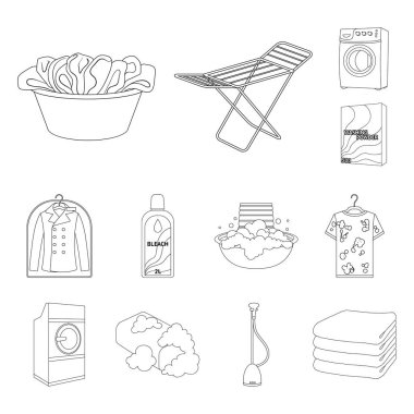 Kuru Temizleme donanımları anahat simgeleri set koleksiyonu tasarım için. Yıkama ve giyim Ütü sembol stok web illüstrasyon vektör.