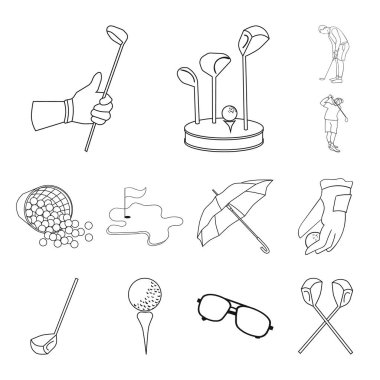 Golf ve öznitelikleri set koleksiyonu tasarım için simgeleri anahat. Golf Kulübü ve ekipman sembol stok web illüstrasyon vektör.