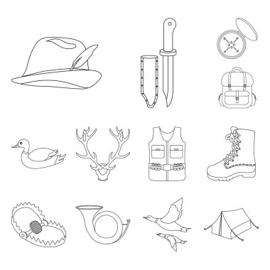 Avcılık ve kupa set koleksiyonu tasarım için simgeleri anahat. Avcılık ve ekipman sembol stok web illüstrasyon vektör.