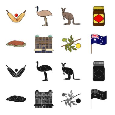 Sarayı, Kraliçe Victoria, Mount Uluru, Mimoza, ulusal bayrak bir çiçek. Avustralya toplama simgeler siyah, karikatür tarzı vektör simge stok çizim web içinde ayarla..