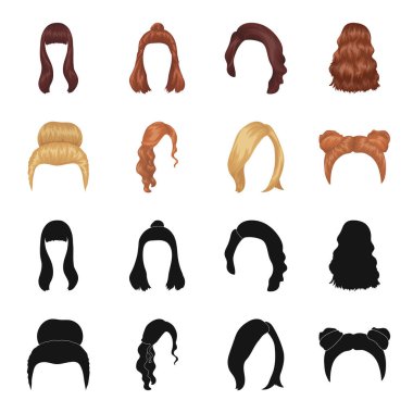 Sarışın bir grup, kırmızı dalgalı ve saç diğer türleri. Arka saç toplama simgeler siyah, karikatür tarzı vektör simge stok çizim web içinde ayarla..