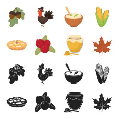 Kızılcık, kabak pasta, bal çömleği, akçaağaç yaprağı. Kanada Şükran günü toplama simgeler siyah, karikatür tarzı vektör simge stok çizim web içinde ayarla..