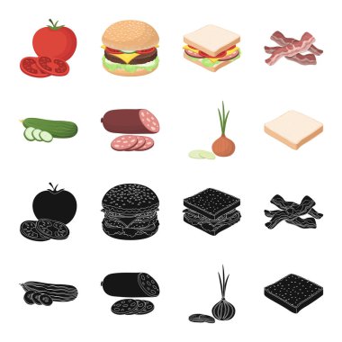 Burger ve malzemeler siyah, set koleksiyonu tasarım için karikatür simgeleri. Vektör simge stok web illüstrasyon Pişirme Burger.
