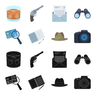 Kamera, Büyüteç, şapka, defter kalem ile. Dedektif toplama simgeler siyah, karikatür tarzı vektör simge stok çizim web içinde ayarla..