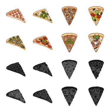 Bir dilim pizza farklı malzemelerle. Farklı pizza toplama simgeler siyah, karikatür tarzı vektör simge stok çizim web içinde ayarla..