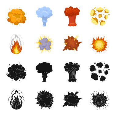 Alevi, kıvılcım, hidrojen parçaları, atomik ya da gaz patlaması, fırtına, güneş patlaması. Patlamalar toplama simgeler siyah, karikatür tarzı vektör simge stok çizim web içinde ayarla..