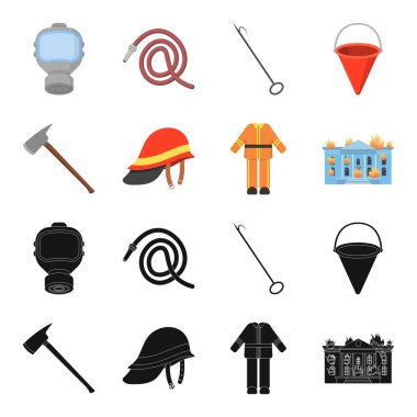 AX, kask, Üniforma, Bina yanıyor. Yangın departmentset toplama simgeler siyah, karikatür tarzı vektör simge stok çizim web içinde ayarla..