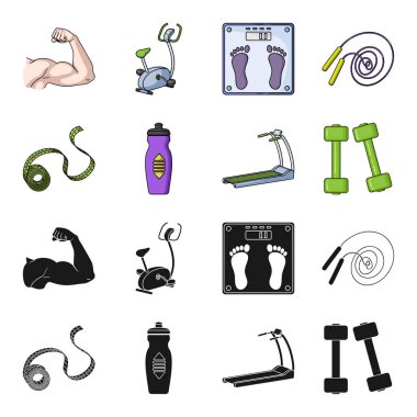 Ölçme bant, su şişesi, koşu bandı, dambıl. Fitnes toplama simgeler siyah, karikatür tarzı vektör simge stok çizim web içinde ayarla..