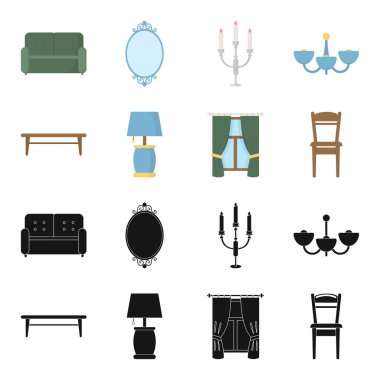 Bir sehpa, bir lamba, perdeler, bir sandalye. Mobilya toplama simgeler siyah, karikatür tarzı vektör simge stok çizim web içinde ayarla..