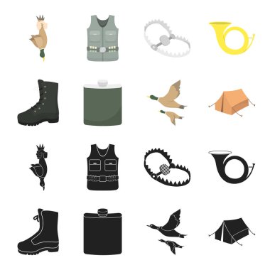 Uçan ördek, şişesi, çizmeler, çadır... Avcılık toplama simgeler siyah, karikatür tarzı vektör simge stok çizim web içinde ayarla..