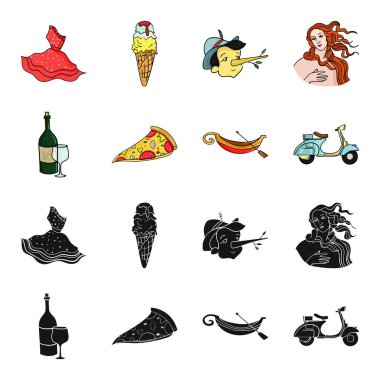 Bir şişe şarap, bir parça pizza, bir gundola, bir scooter. İtalya toplama simgeler siyah, karikatür tarzı vektör simge stok çizim web içinde ayarla..
