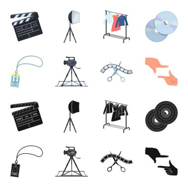 Rozet, operatör jest ve diğer aksesuarları film için. Toplama simgeler siyah, karikatür tarzı vektör simge stok çizim web içinde ayarla filmini.