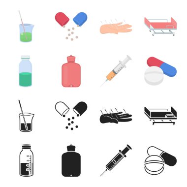 Çözüm, daha sıcak, şırınga, hap. İlaç toplama simgeler siyah, karikatür tarzı vektör simge stok çizim web içinde ayarla..