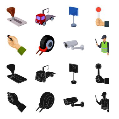 Araba alarmı, jant, güvenlik kamerası, park asistanı. Buraya park edilmez toplama simgeler siyah, karikatür tarzı vektör simge stok çizim web içinde ayarla..