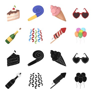 Şampanya, havai fişek ve parti diğer aksesuarları. Parti ve partits simgeler siyah, karikatür tarzı vektör simge stok çizim web içinde ayarla.