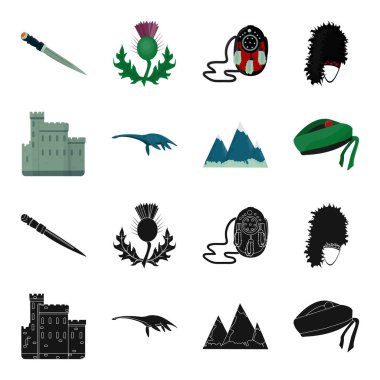 Edinburgh Castle, Loch Ness canavarı, Grampian Dağları, Ulusal kap balmoral, tam o shanter. İskoçya toplama simgeler siyah, karikatür tarzı vektör simge stok çizim web içinde ayarla..