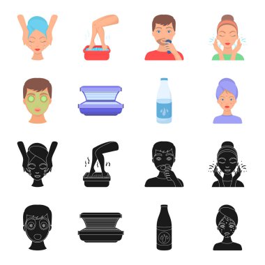 Yüz maskesi, Solaryum, şişe ts lasenom, yüzünde sivilce. Cilt Bakımı toplama simgeler siyah, karikatür tarzı vektör simge stok çizim web içinde ayarla..