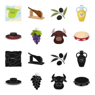 Todeador, matador, bir avuç üzüm ile yumruk, bir boğa için İspanyol boğa güreşi, bir tef şapka. İspanya ülke toplama simgeler siyah, karikatür tarzı vektörde sembol stok ayarla