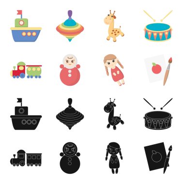 Train.kukla, resim. Oyuncak toplama simgeler siyah, karikatür tarzı vektör simge stok çizim web içinde ayarla..