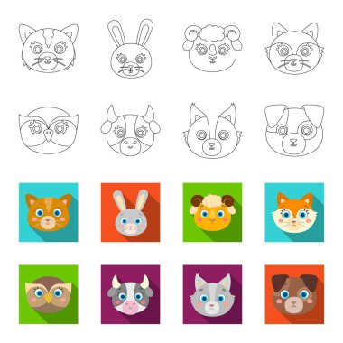 Baykuş, inek, kurt, köpek. Hayvan namlu toplama simgeler anahat, düz stil vektör simge stok çizim web ayarla..