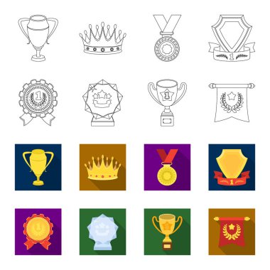 Bir Olimpiyat madalya ilk yer, bir kristal top, gold Kupası bir stand, kırmızı bir kolye için. Kupalar ve ödüller anahat, düz stil vektör simge stok çizim web simgeler ayarla.