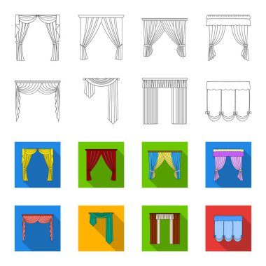 Pencere perdeleri farklı türleri. Perdeleri toplama simgeler anahat, düz stil vektör simge stok çizim web ayarla..
