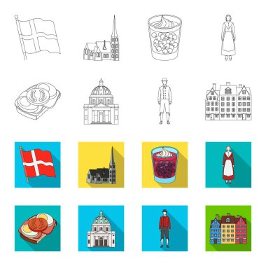 Danimarka, Tarih, Restoran ve diğer web simgesi anahat, düz stil. Sandviç, yemek, ekmek, küme koleksiyon simgeler.