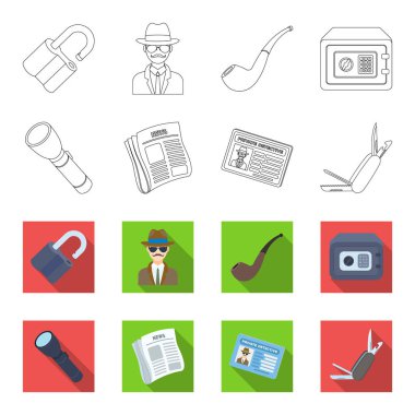 El feneri, gazete haberleri, sertifika, katlama bıçak ile. Dedektif toplama simgeler anahat, düz stil vektör simge stok çizim web ayarla..