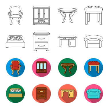 İç, tasarımı, yatak, yatak odası. Mobilya ve ev interiorset toplama simgeler anahat, düz stil vektör simge stok çizim .