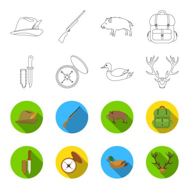 Bıçak bir kapak, bir ördek, bir geyik boynuzu, bir kapak ile bir pusula ile. Avcılık toplama simgeler anahat, düz stil vektör simge stok çizim web ayarla..