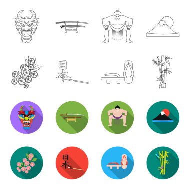 Geta, sakura çiçekler, bambu, hiyeroglif. Japonya toplama simgeler anahat, düz stil vektör simge stok çizim web ayarla..