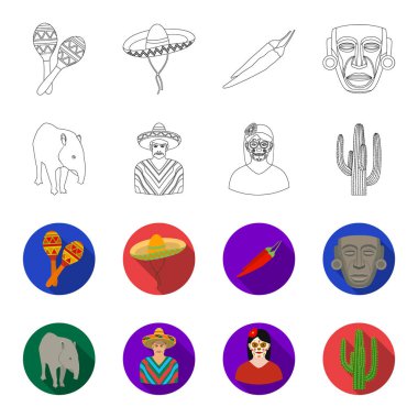 Tapir Meksika hayvan, panço, bir çiçek, bir kaktüs bir kadınla Ulusal giysileri içinde bir Meksikalı. Meksika ülke toplama simgeler anahat, düz stil vektör simge stok çizim web ayarla..