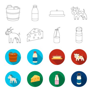 Keçi, bir parça peynir ve diğer ürünler. Süt toplama simgeler anahat, düz stil vektör simge stok çizim web ayarla..
