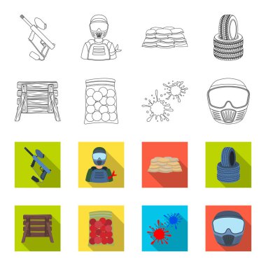 Ahşap barikat, koruyucu maske ve diğer aksesuarları. Anahat, düz stil vektör simge stok çizim web Paintball tek simge.