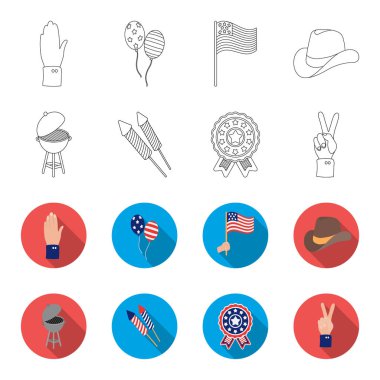 Barbekü, Selam, ebblema, zafer oylama. Vatansever gün toplama simgeler anahat, düz stil vektör simge stok çizim web ayarla..