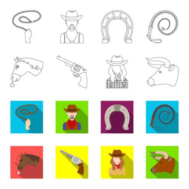 Bir at, bir boğa kafası, bir tabanca, bir kovboy kız başkanı. Rodeo toplama simgeler anahat, düz stil vektör simge stok çizim web ayarla..
