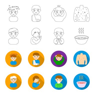 Bandajlı kafası olan bir adam, öksürük, bir adam bir adam bir sümük, bir kase, bir kase sıcak suyu mendilin sokuyor. Anahat, düz stil vektör simge stok çizim web hasta küme toplama simgeler.
