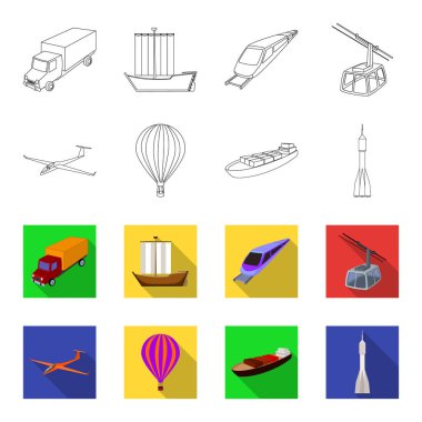 Bir dron, bir planör, bir balon, bir ulaşım mavna, bir uzay roketi taşıma modları. Taşıma anahat, düz stil vektör simge stok çizim web simgeler kümesi.