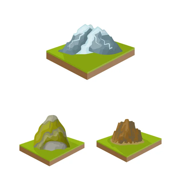 Montagnes, icônes massives de dessin animé dans la collection de jeu pour le design. La surface de la terre vecteur isométrique symbole stock web illustration . — Image vectorielle