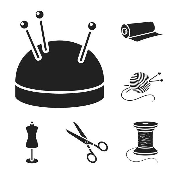 Ατελιέ και ράψιμο μαύρο εικονίδια στη συλλογή σετ για σχεδιασμό. Εξοπλισμός και τα εργαλεία για το ράψιμο διάνυσμα απόθεμα web εικονογράφηση σύμβολο. — Διανυσματικό Αρχείο