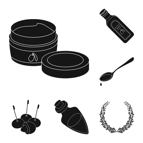 Olive, icone food black nella collezione set per il design. Olio d'oliva, condimento vettoriale simbolo stock web illustrazione . — Vettoriale Stock