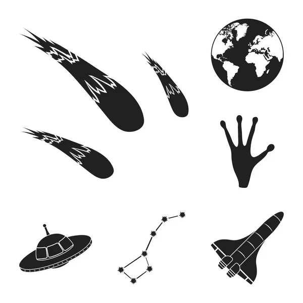 Iconos negros de la tecnología espacial en la colección del sistema para el diseño.Ilustración de la tela de la tela del símbolo del vector de la nave espacial y del equipo . — Vector de stock