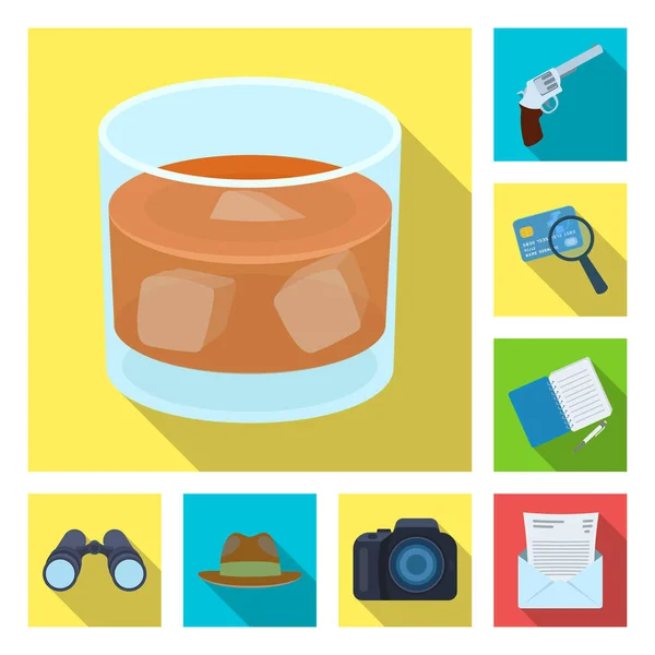 Detective and Attributes flat icons in set collection for design.Detective Agency vector symbol stock web illustration. — Stock Vector