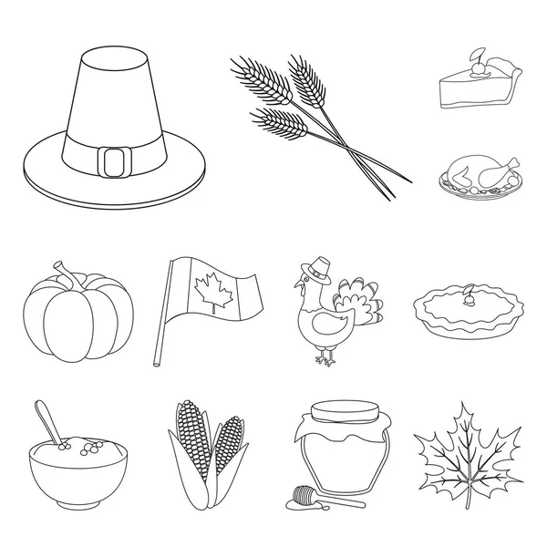 Set koleksiyonu tasarım için Kanada Şükran günü anahat simgeleri. Kanada ve gelenek sembol stok web illüstrasyon vektör.