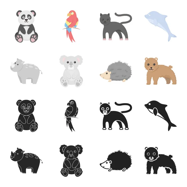 Rhino, koala, pantera, erizo. Iconos de colección conjunto de animales en negro, caricatura estilo vector símbolo stock ilustración web . — Vector de stock