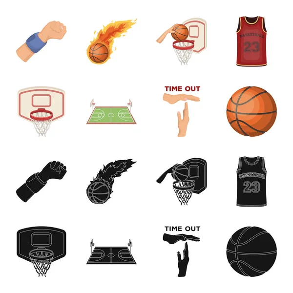 Basquete e atributos preto, ícones de desenhos animados na coleção de conjuntos para design.Basketball jogador e equipamento símbolo vetorial ilustração web estoque . — Vetor de Stock