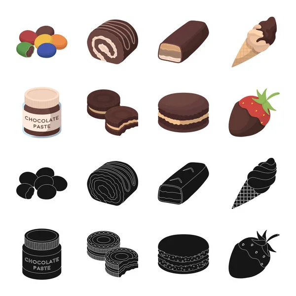 Pastas de chocolate, galletas, fresas en chocolate, hamburguesas. Los postres de chocolate establecen iconos de colección en negro, caricatura estilo vector símbolo stock ilustración web . — Vector de stock